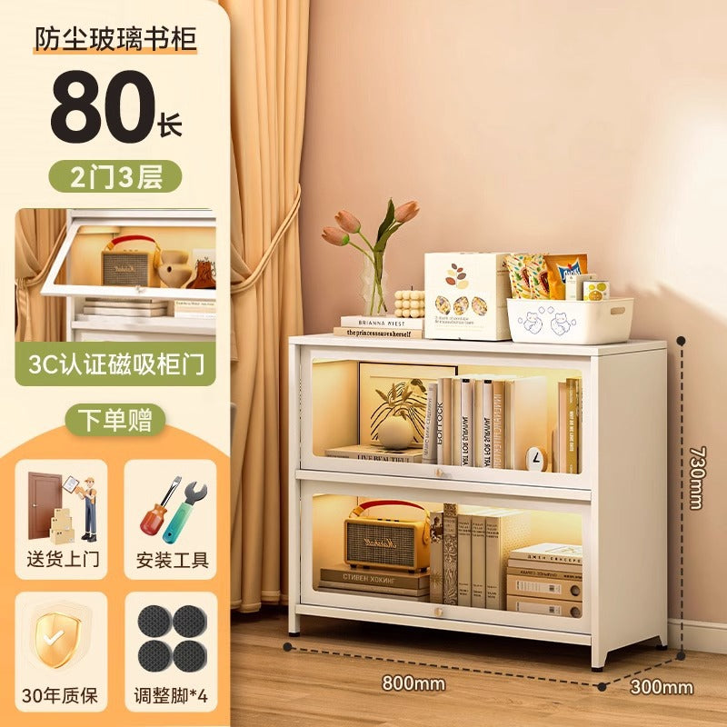 Steel bookcase with glass doors, kids' bookshelf, home living room storage cabinet, dustproof display cabinet, iron art shelf