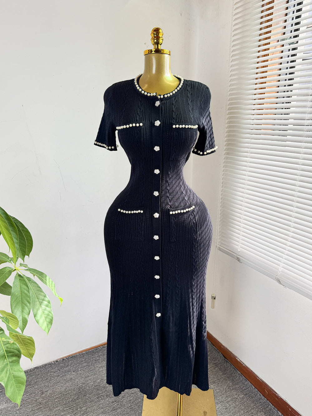 Export women's french tweed style elegance celebrity silm short-sleeved knittingdress beaded fishtail mid-length skirt