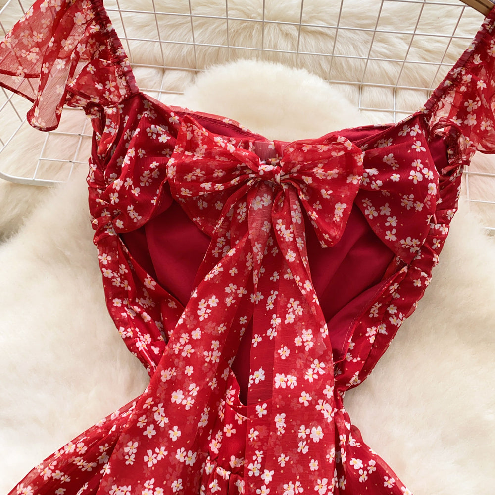 French sweet design hollow-out bow tie backless cinched waist floral dress - ethereal fairycore maxi dress