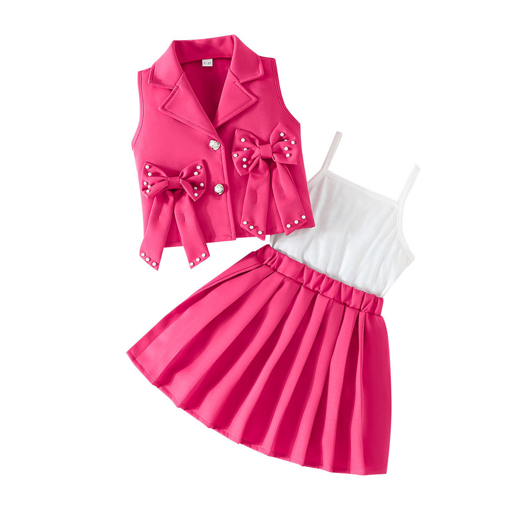 new girls' sweet bowknot three-piece suit: sleeveless vest + camisole + pleated skirt
