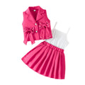 new girls' sweet bowknot three-piece suit: sleeveless vest + camisole + pleated skirt