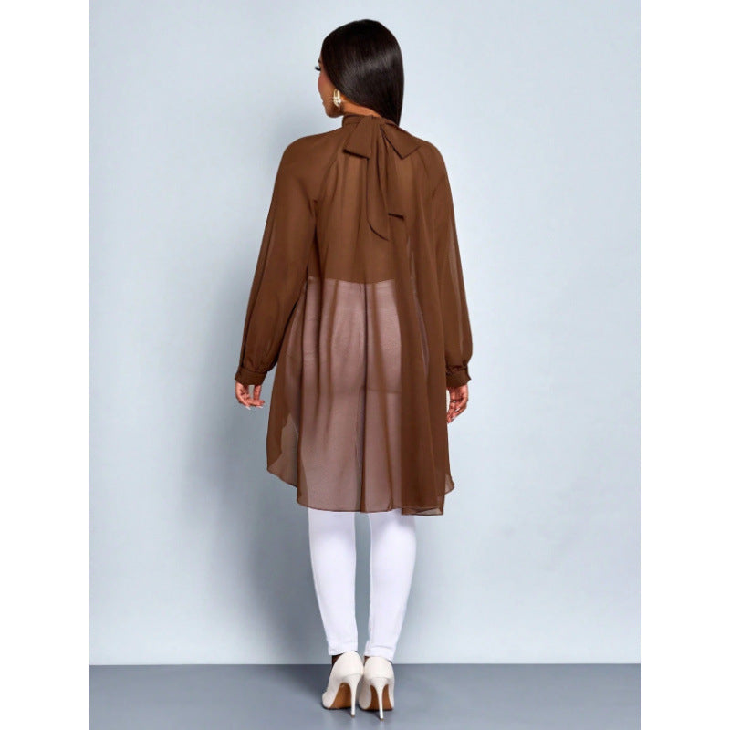 Shipped:  spring/summer new women's loose-fit versatile irregular chiffon long-sleeve fashion shirt