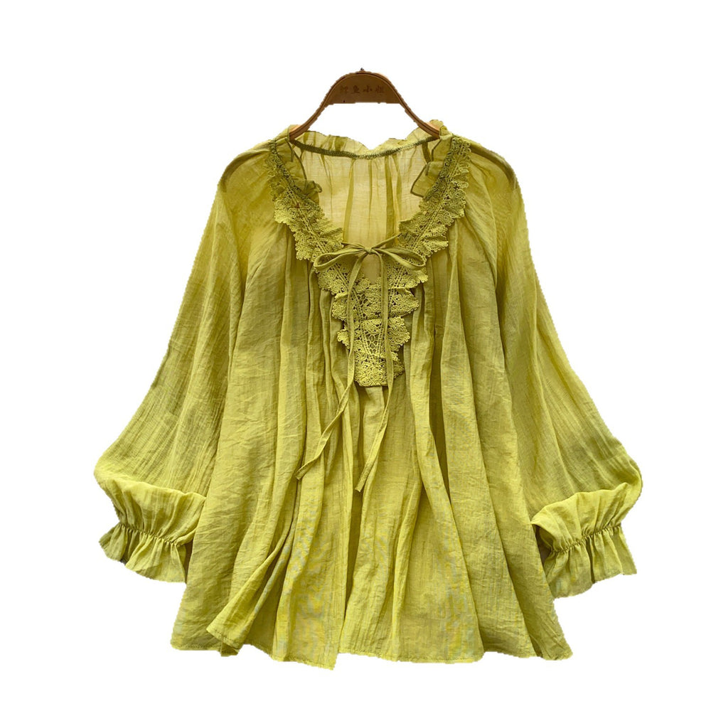 French chic lace trim v-neck tie blouse - women's long sleeve, youthful & flattering, autumn , relaxed fit