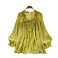 French chic lace trim v-neck tie blouse - women's long sleeve, youthful & flattering, autumn , relaxed fit