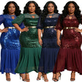 African cross-border supply  new women's plus size round neck rhinestone sequin evening party dress