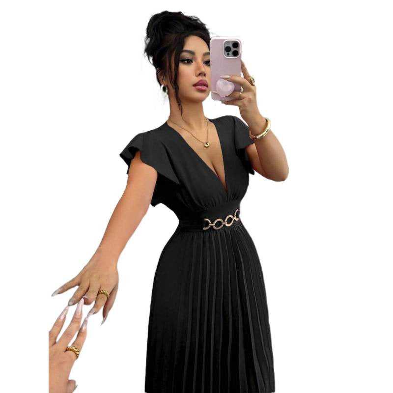 Amazon fashion  summer deep v neck ruffles sleeve pleated design waist elegantdress women
