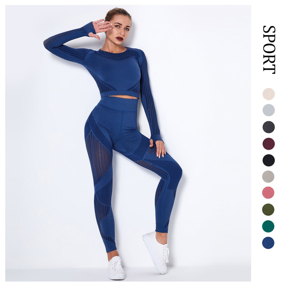 European and american seamless yoga outfit - shaping, quick-dry activewear set with butt-lifting, tight-fitting, striped, and cutout design - two-piece fitness leggings
