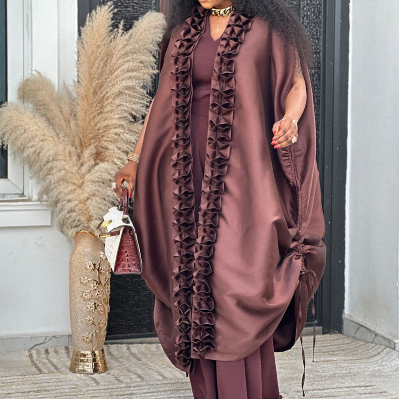 Burgundy satin pleated lace shawl jumpsuit suit african loosev neck robe elegance dinner two-piece set