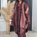 Burgundy satin pleated lace shawl jumpsuit suit african loosev neck robe elegance dinner two-piece set