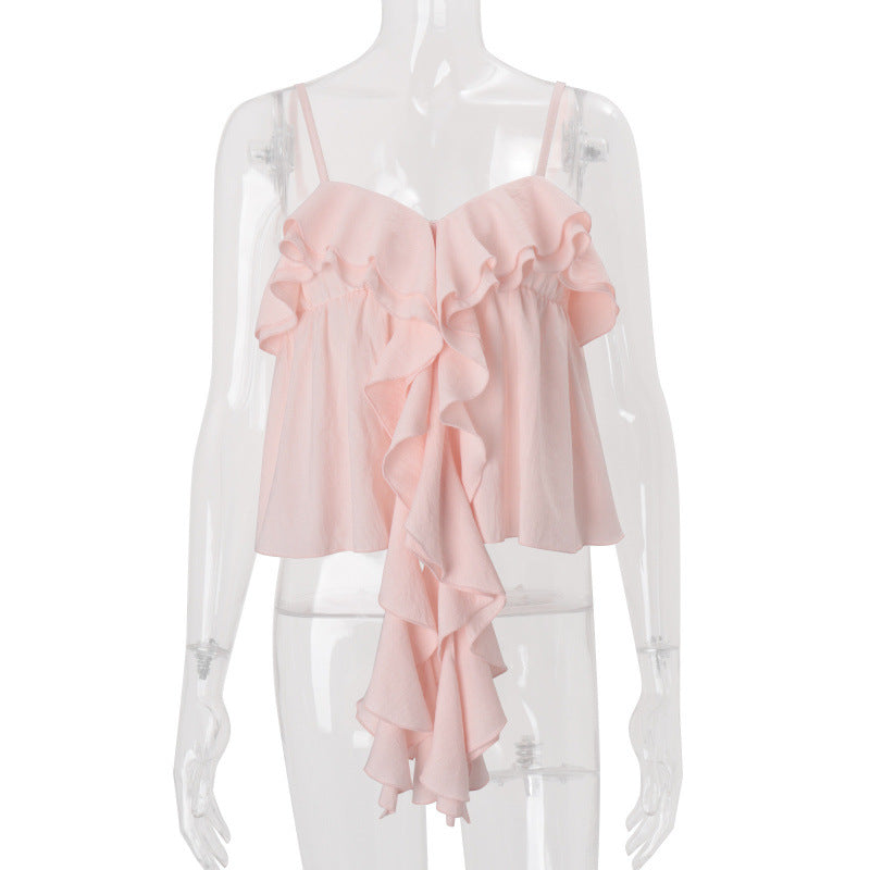 European and american women's clothing  summer new sweet and elegant pink girly ruffle trim strappy backless tank top