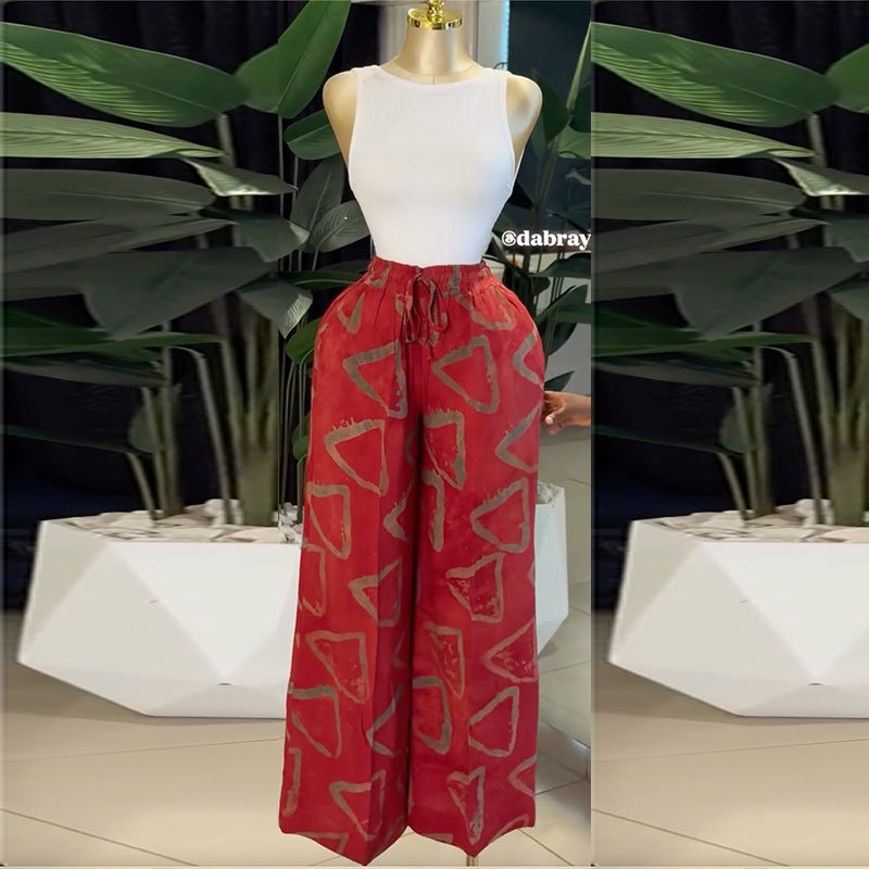 European and american women's clothing  autumn new sweet and fresh printed drawstring design high-waisted slimming wide-leg pants