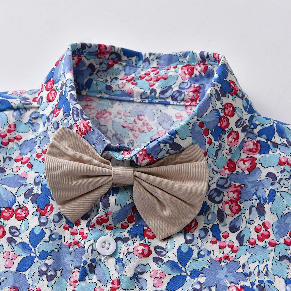 Wholesale new arrivals: children's clothing sets - boys' formal wear, long-sleeved floral shirt with bow tie, spring/summer overalls