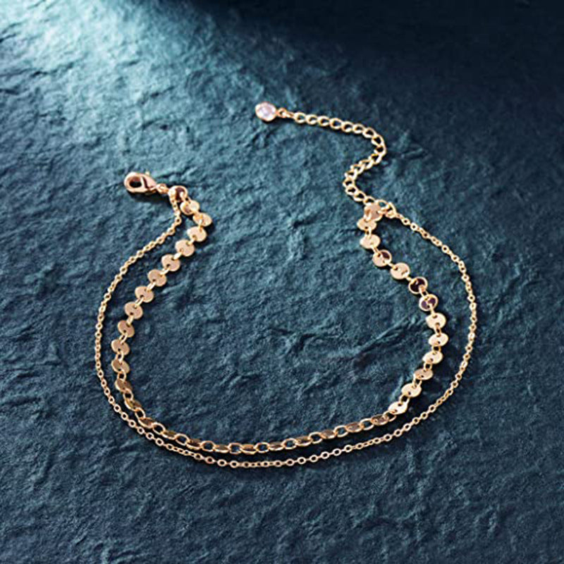 European and american cross-border new jewelry: fashionable minimalist stainless steel sequin double-layer gold-plated anklet - summer beach anklet