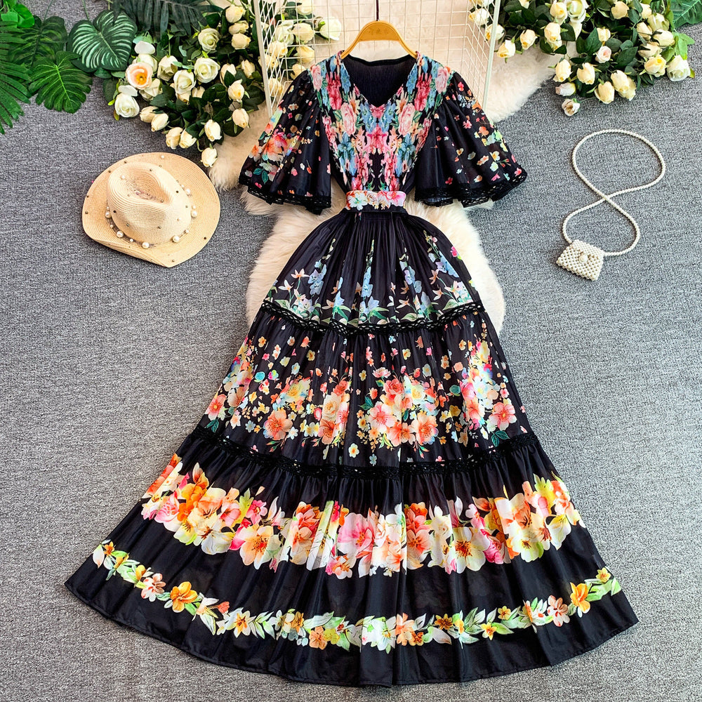 French riviera style printed short-sleeve pleated dress - women's summer v-neck, cinched waist, tie-up maxi dress - high-end, slimming fit