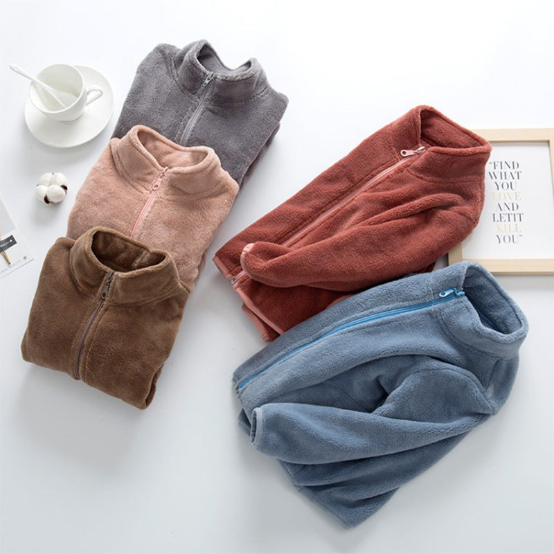 fall/winter new solid color zip-up long sleeve stand collar outdoor korean style girls' fleece-lined jacket - direct from the manufacturer