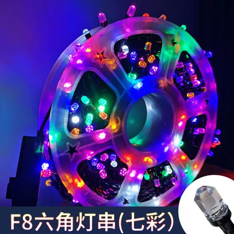 Black line reel round head hexagonal mist diamond V8Led flash lights string gypsy Christmas atmosphere decorative lights