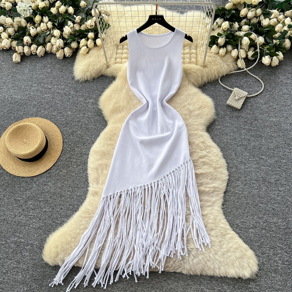 new european and american  cross-border e-commerce women's sleeveless slim-fit tassel french summer cinched waist maxi dress