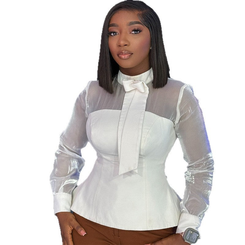 European and American  women's clothing 2025 autumn new fashionable fresh semi-turtleneck bow waist solid color shirt top