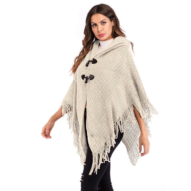 Europe and the United States autumn irregular plaid fringed turtleneck cape long sleeve knitted cape shawl women