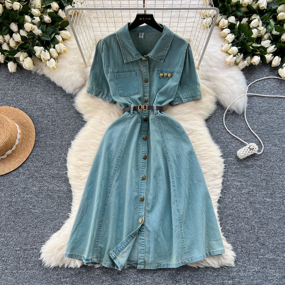 Short-sleeved dress women's summer wear new arrivalk-style polo collar single-breasted waist a-line mid-length denim skirt