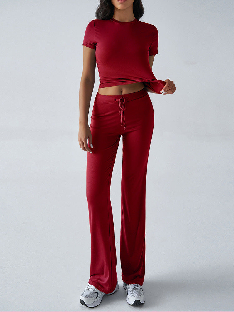 2025 european and american new arrival cross-border women's spring/summer elegant solid color crew neck casual fashion set - short sleeve top and long pants