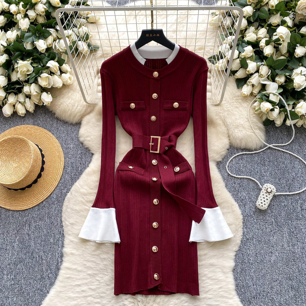 French chic, high-end, color block knit dress with metal buckle tie waist – perfect for autumn and winter