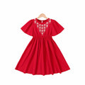 girls' dress - solid red embroidered & printed pleated skirt - summer sweet princess dress for mid-to-large children