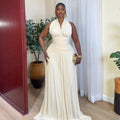 European and american cross-border women's clothing:  summer new arrival - elegant halter neck pleated bodycon drawstring evening gown dress