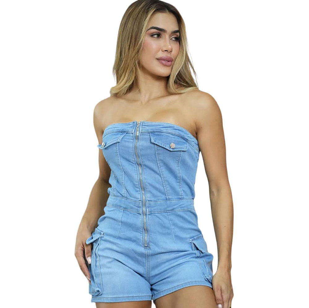 European and american style women's denim jumpsuit -  cross-border hot seller - fashionable hot girl bandeau stretch jumpsuit shorts