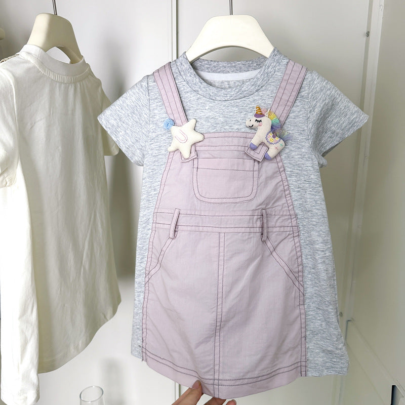 【summer clearance with free shipping】girls' summer outfit  new style patchwork faux two-piece suspender short sleeve t-shirt for baby girls