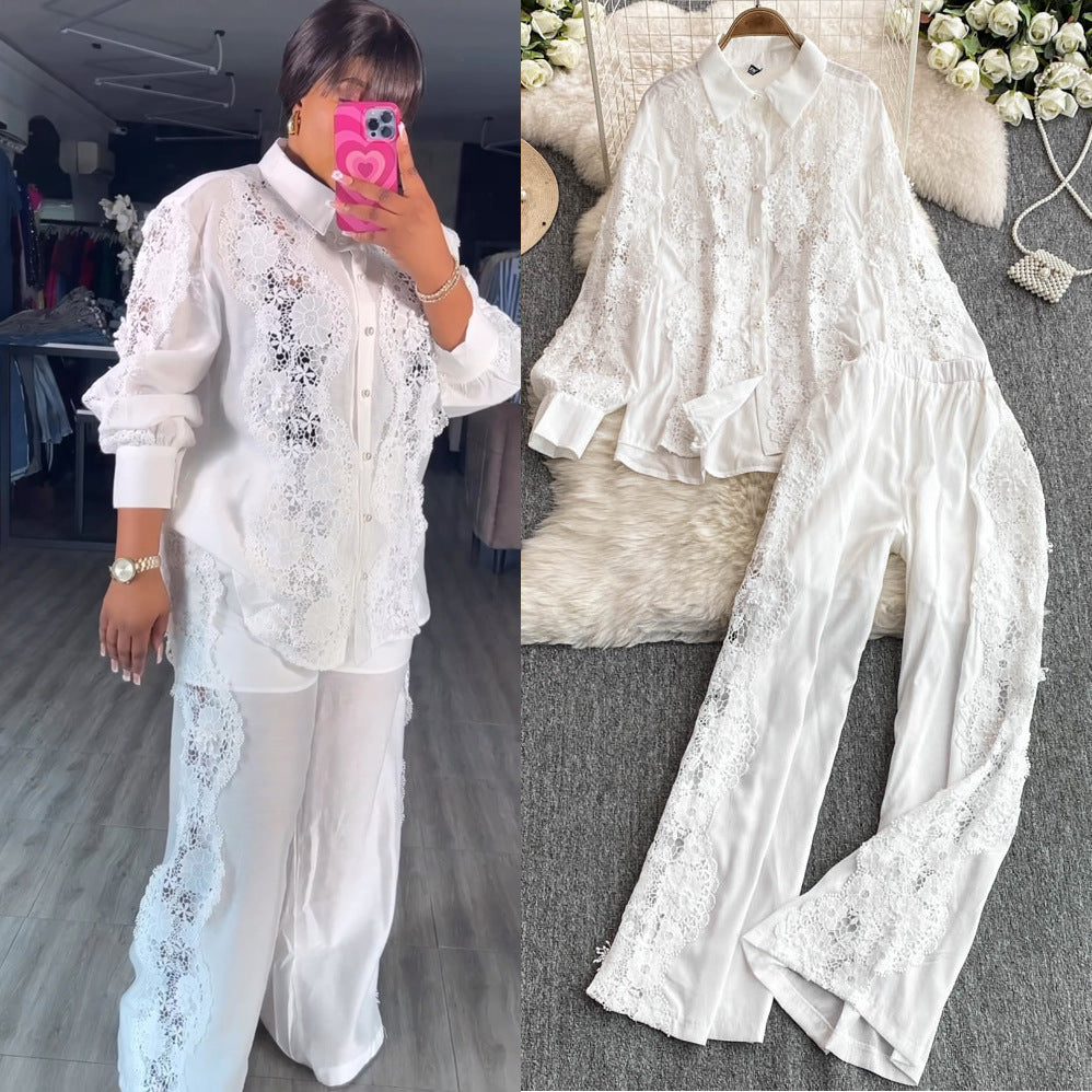 French chic heavy lace trim long sleeve shirt & elastic high waist wide leg pants two-piece set for women