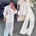 French chic heavy lace trim long sleeve shirt & elastic high waist wide leg pants two-piece set for women