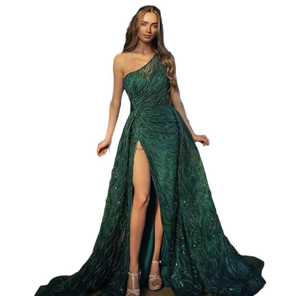 spring/summer new arrivals: european & american style one-shoulder slit maxi dress - evening gown, sequin cami dress, cocktail dress