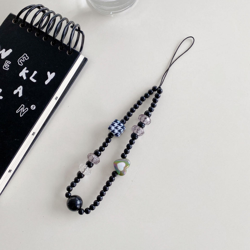 Minimalist crystal square electroplated heart bracelet with transparent star and bear charms, black and white bead phone case charm accessories