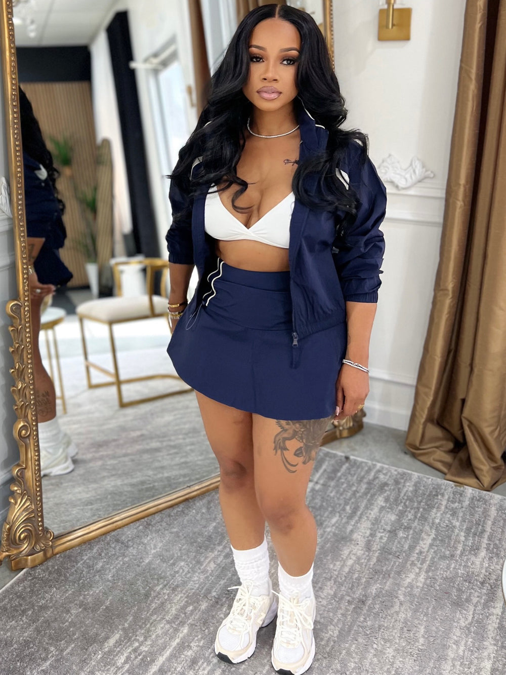 Long sleeves zipper contrast color stand collar jacket drawstring pleated culottes women's two-piece settwo-piece set outfit
