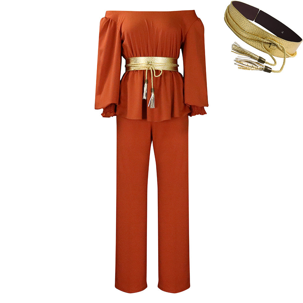 C8535p with belt cross-border women's clothing  one-piece collar long-sleeved top loose wide-leg pants european and american suit