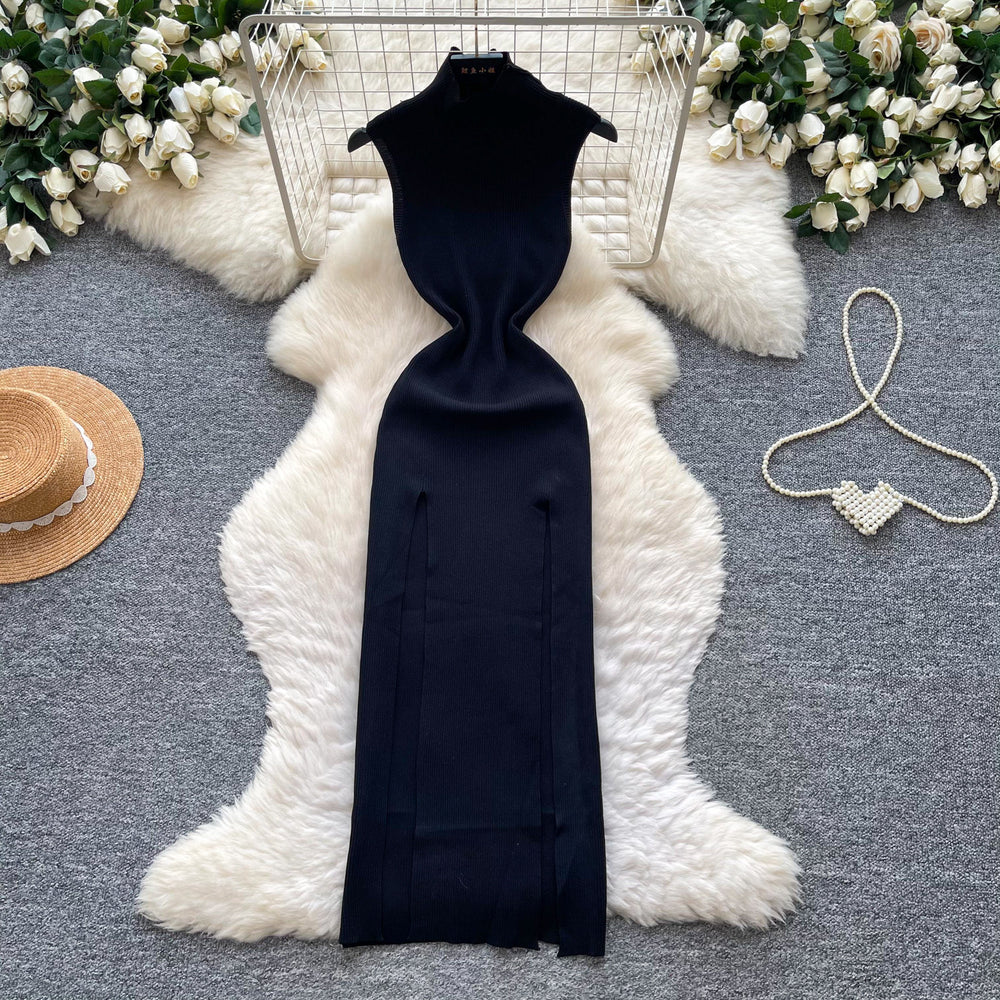 Lightly mature elegance style sleeveless high collar knittingdress female k-style silmslimming lookelegant slit a-line skirt work clothing