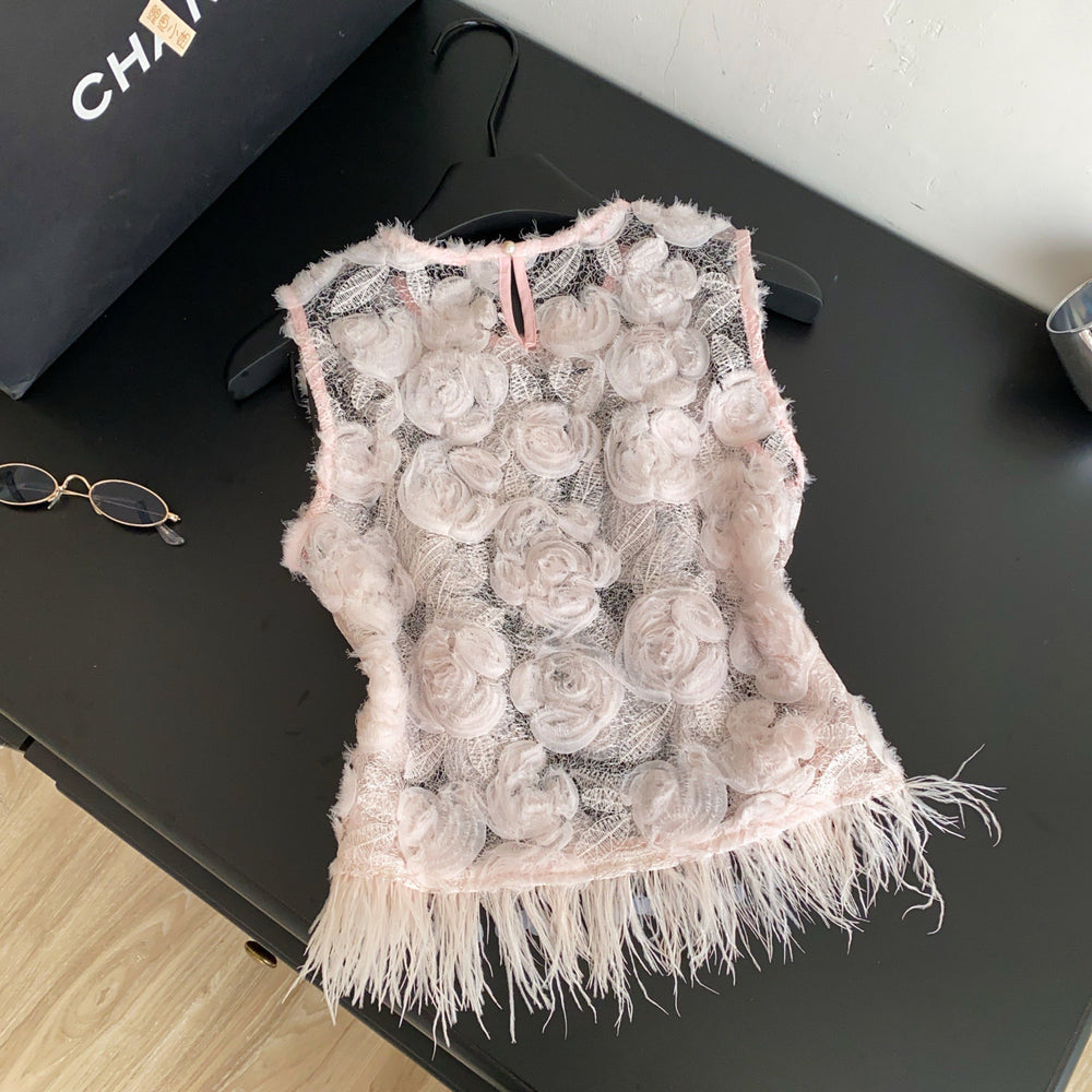 French heavy industry mesh stereo flower patchwork camisole women's summersense of designniche style sleeveless eleganttops