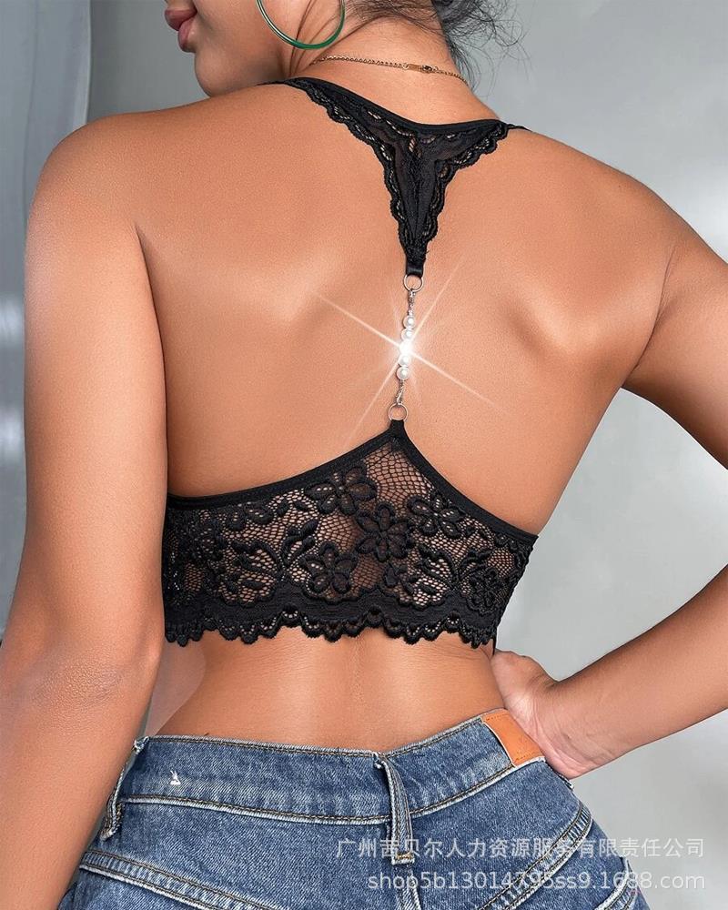 Sexy Lingerie Sexy Ladies Pearl Chain Splicing Lace Suspender Bra ODF3399