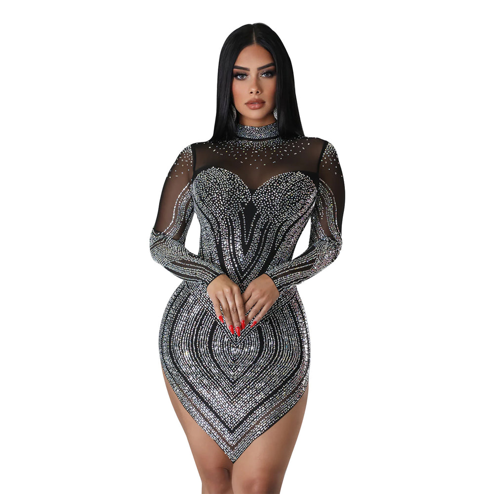 C6371 cross-border   fashion women's solid color mesh rhinestone long sleeve mini dress