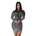 C6371 cross-border   fashion women's solid color mesh rhinestone long sleeve mini dress