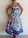 design-forward, niche print cami dress - midi length a-line, vacation style women's dress - perfect for resort looks