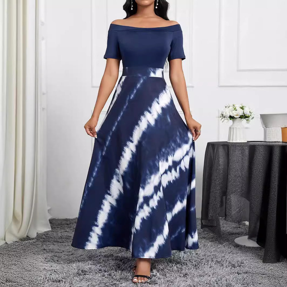 European and american cross-border chic women's clothing:  summer new one-shoulder blue and white twill print fashion dress