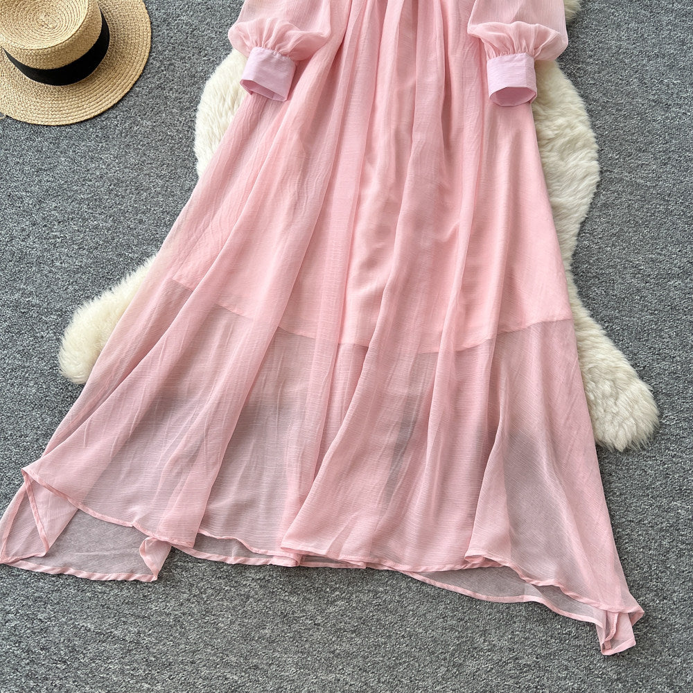 Elegant v-neck lantern sleeve dress - korean style, diamond embellished, slimming, and graceful maxi dress