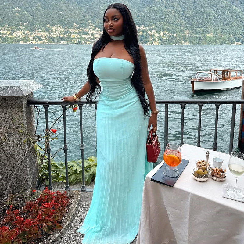 European and american cross-border women's fashion  summer new arrival: elegant halter neck tube top green evening gown long dress
