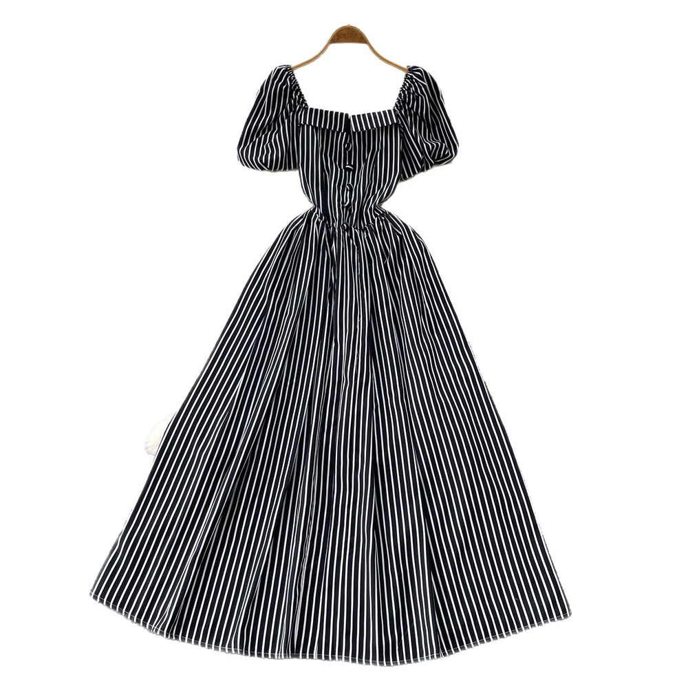 French square neck puff sleeve striped dress - women's summer korean style a-line midi dress for date night