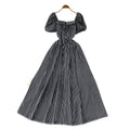 French square neck puff sleeve striped dress - women's summer korean style a-line midi dress for date night