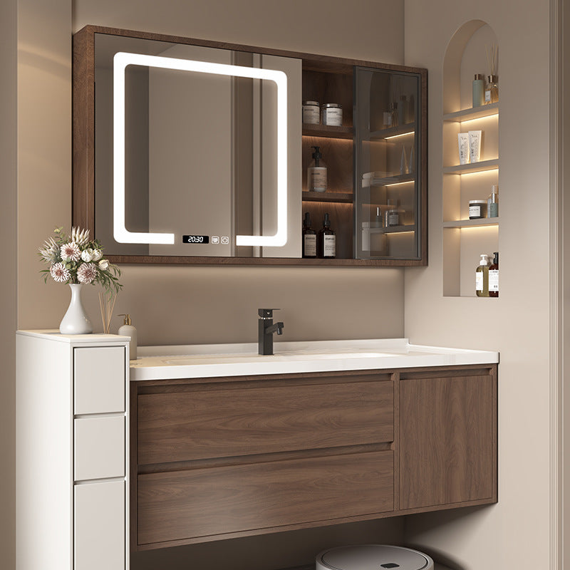 陶瓷一体盆浴室柜胡桃木色实木卫浴柜智能镜柜卫生间洗手洗漱台池