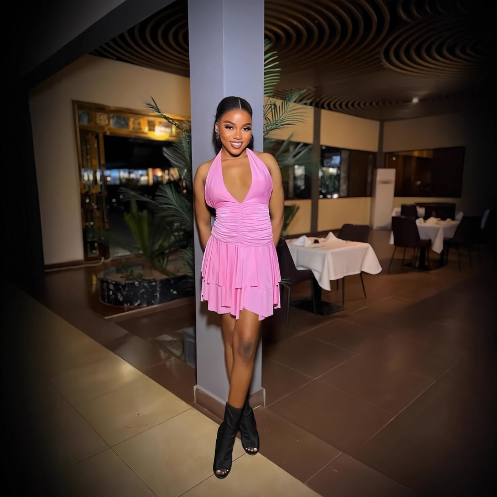 European and american cross-border women's fashion:  early winter new arrival - solid color sleeveless halter neck v-neck backless ruched mini dress