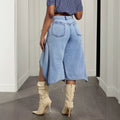 European and american high-waisted asymmetrical patchwork denim shorts - light blue, designer a-line wide-leg denim hot pants for summer